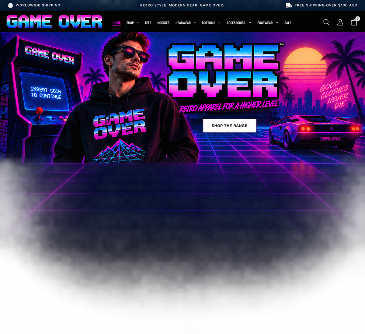 GAME OVER neon arcade, sunset and retro car